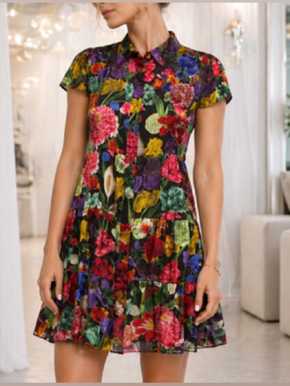❤️‍🔥 Alice + Olivia Meeko Tiered Silk-Blend Mini Shirtdress ❤️‍🔥size 8 - Picture 8 of 16